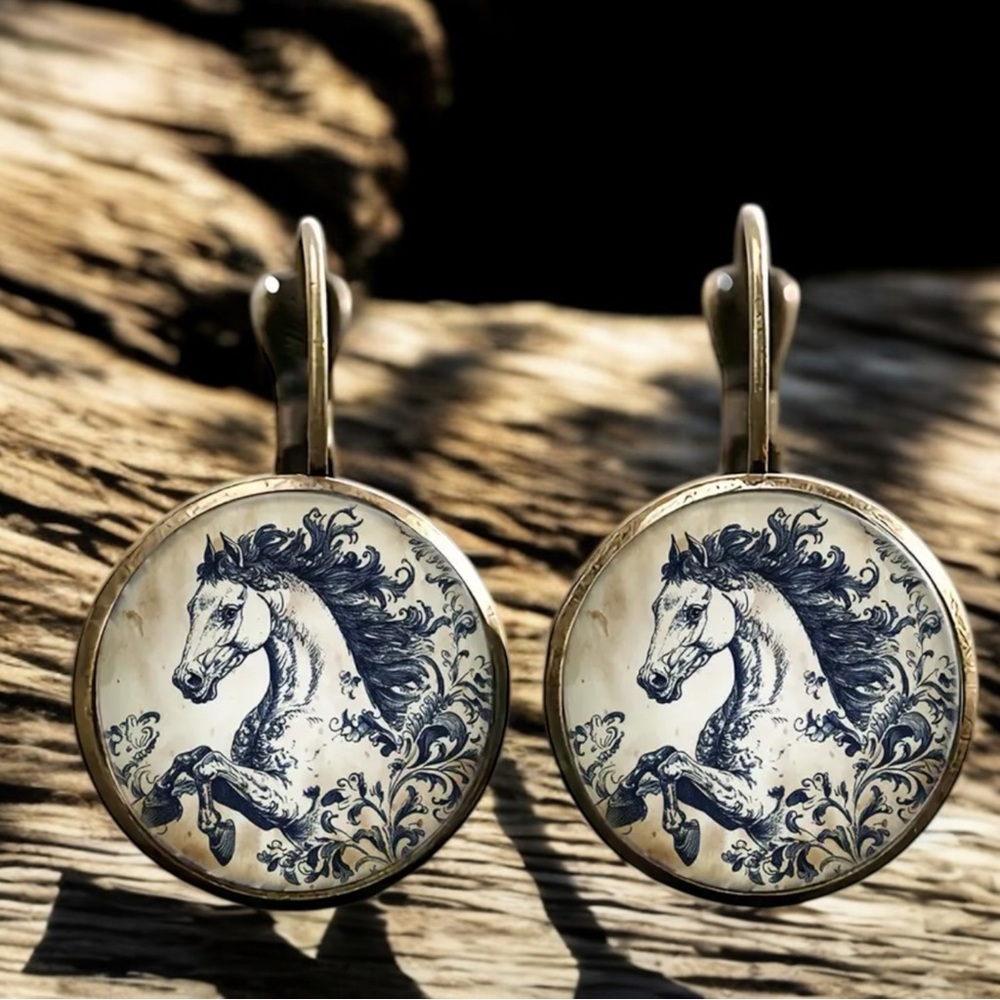 🆕 Vintage Delft Blue Inspired  - Horse Motif Earrings - Lever Back - Wildfire 🐴
